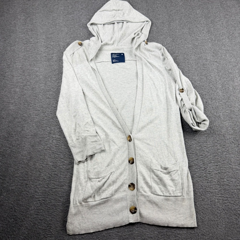 American Eagle Outfitters Gray Hooded Cardigan Sweater Women's M Medium Button